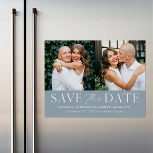 Moderne elegante staubblaue 2-Foto-Save-the-Date-H Magneteinladung