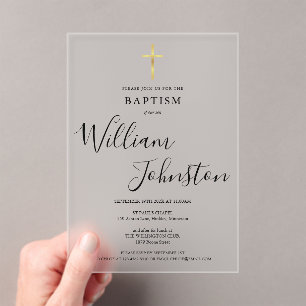 Moderne elegante Taufe Christening Goldkreuz Acryleinladungen