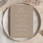 Moderne Elegante Taupe Wedding Menükarte<br><div class="desc">Einfaches und elegantes Hochzeitsmenü mit "Menü",  das in einem modernen weißen Skript mit einem taupe Hintergrund oder Farbe Ihrer Wahl angezeigt wird. Personalisieren Sie das Taupe Hochzeitsmenü,  indem Sie Ihren Namen,  das Hochzeitsdatum und die Menüinformationen hinzufügen. Entworfen,  um mit unserer Hochzeitskollektion "Moderne Elegance" zu koordinieren.</div>