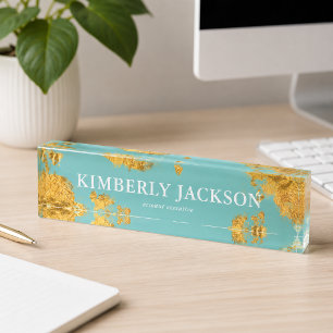 Moderne elegante Teal Aqua Gold Schreibtisch Namen Namensplakette