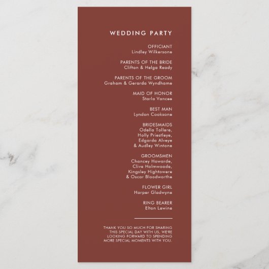 Moderne, elegante Terracotta-Hochzeit Programm (Rückseite)