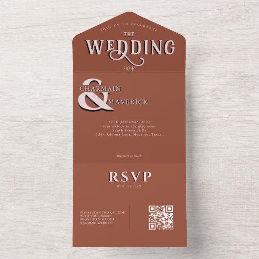 Moderne Elegante Terracotta QR Code Wedding All In One Einladung (Innen Boden)