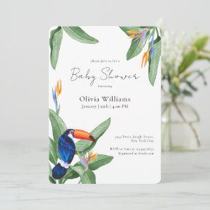 Moderne elegante tropische Blumen-Vogel-Baby-Party Einladung