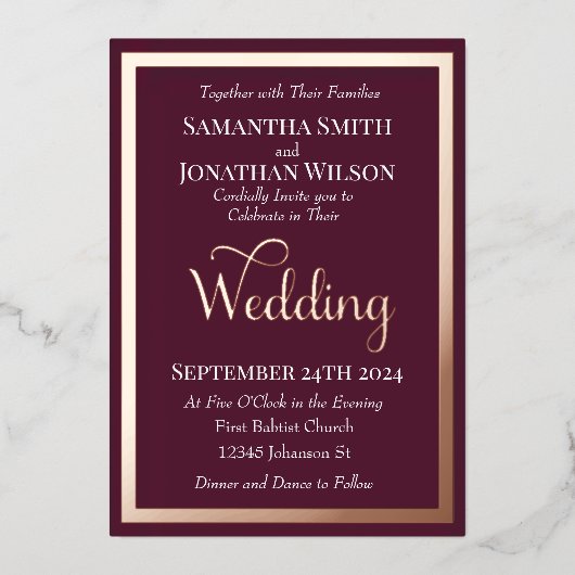 Moderne, elegante Typografie Lila Rose Goldhochzei Folieneinladung (Vorderseite)