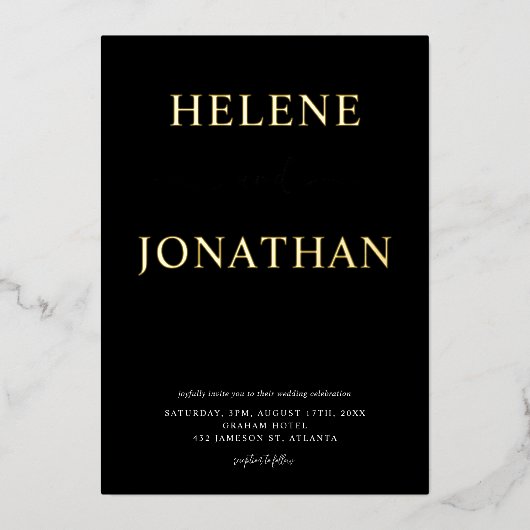 Moderne elegante Typografie Schwarze Minimalistisc Folieneinladung (Vorderseite)