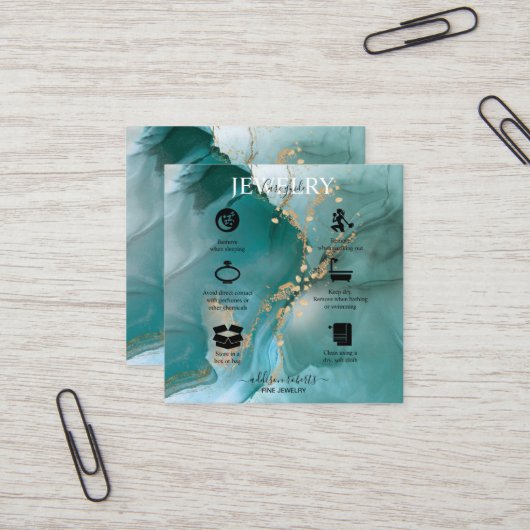 Moderne Elegante Wasserfarbe Aquamarine Juwelierpf Quadratische Visitenkarte (Vorderseite/Rückseite Beispiel)