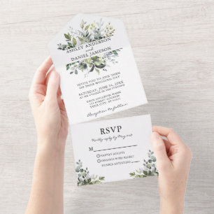 Moderne elegante Wasserfarbe Greenery-Hochzeit All In One Einladung
