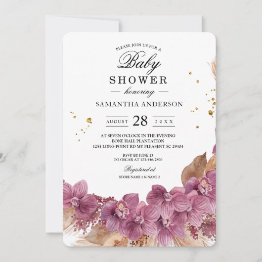 Moderne Elegante Wasserfarbe Rosa Orchid & Pampas Einladung (Vorderseite)