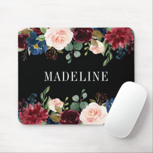 Moderne Elegante Wasserfarben Blumen Schwarz Mousepad