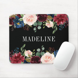 Moderne Elegante Wasserfarben Blumen Schwarz Mousepad
