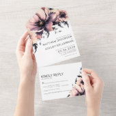 Moderne Elegante Wasserfarben Rosa Blüten All In One Einladung (Abreißen)