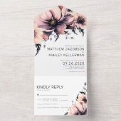 Moderne Elegante Wasserfarben Rosa Blüten All In One Einladung (Innen Boden)