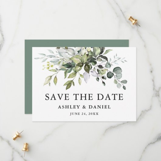Moderne Elegante Watercolor Grün Save The Date (Vorderseite/Rückseite Beispiel)