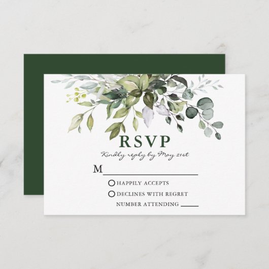 Moderne Elegante Watercolor Grüne Hochzeit RSVP Karte (Vorne/Hinten)