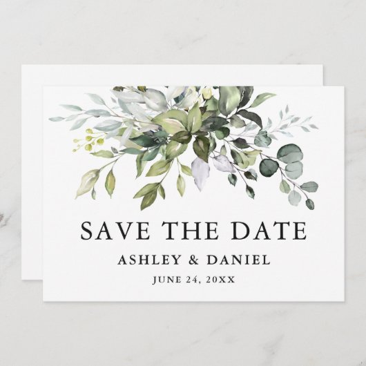 Moderne Elegante Watercolor Grüne Save The Date (Vorne/Hinten)