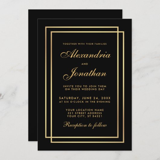 Moderne Elegante Wedding Gold Schwarz-weiße Einlad Einladung (Vorne/Hinten)