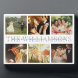 Moderne Elegante Wedding Keepake Foto Collage Chic Fotoplatte<br><div class="desc">Eleganter und moderner Ehering-Sake,  dieses individuelle Name- und Dattel-Foto-Collage-Design machen eine schöne Ausstellung für Ihre Lieblingsfotos Ihres besonderen Tages. Gutes Geschenk für Neuvermählte oder Jubiläen! Das ist die staubblaue Typografie-Version.</div>
