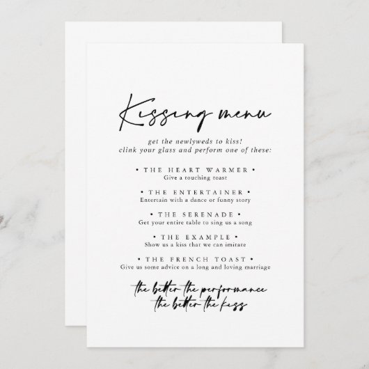Moderne elegante Wedding Kissing Menu Game Card (Vorne/Hinten)