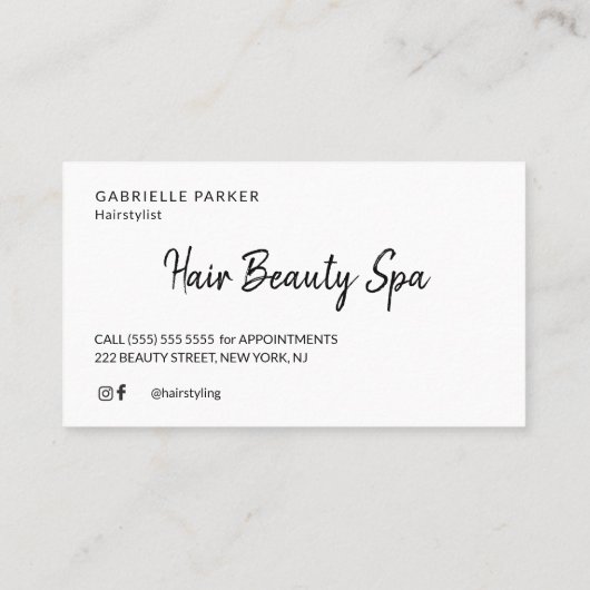 Moderne, elegante Weiß-, Schwarz- und Haarstylisti Visitenkarte (Rückseite)