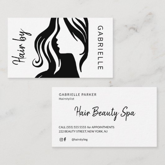 Moderne, elegante Weiß-, Schwarz- und Haarstylisti Visitenkarte (Vorne/Hinten)