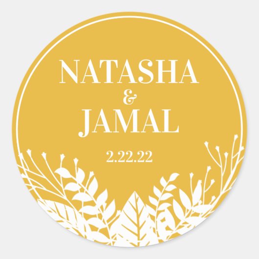 Moderne, elegante, weiße Blätter, Senfgelb Runder Aufkleber (Vorderseite)