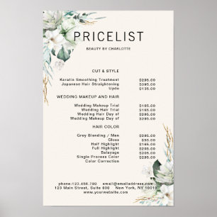 Moderne elegante weiße Blumen Beige Preisliste Poster