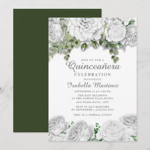 Moderne elegante weiße Blumen grüne Quinceañera Einladung