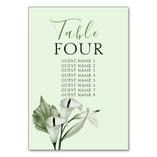 Moderne elegante weiße Calla-Lilien-Hochzeit Tischnummer
