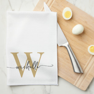 Moderne Elegante Weiße Gold Monogramm Name Schrift Geschirrtuch