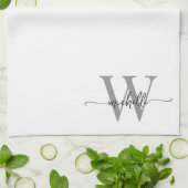 Moderne Elegante Weiße Graue Monogramm Name Schrif Geschirrtuch (Gefaltet)