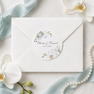 Moderne elegante weiße Orchideen-Hochzeit Runder Aufkleber
