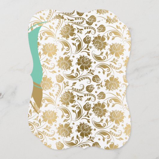 Moderne elegante weiße und goldene Damasken & Krei Einladung (Vorne/Hinten)