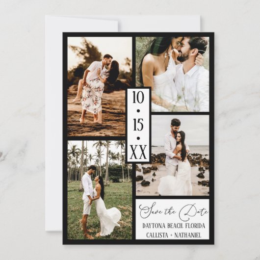 Moderne elegante White Black Four Foto Wedding Save The Date (Vorderseite)