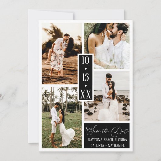 Moderne elegante White Black Four Foto Wedding Save The Date (Vorderseite)