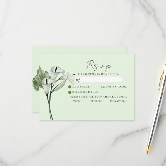 Moderne Elegante White Calla Lilies Wedding RSVP Karte (Vorderseite/Rückseite Beispiel)