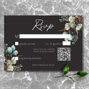 Moderne elegante White Peonies Black Wedding QR Co RSVP Karte