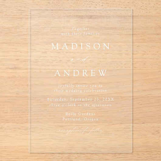 Moderne, elegante White Script Hochzeit Acryleinladungen (Vorderseite)