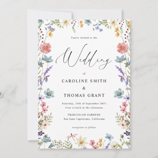 Moderne elegante Wildblume Script QR Code Hochzeit Einladung (Vorderseite)