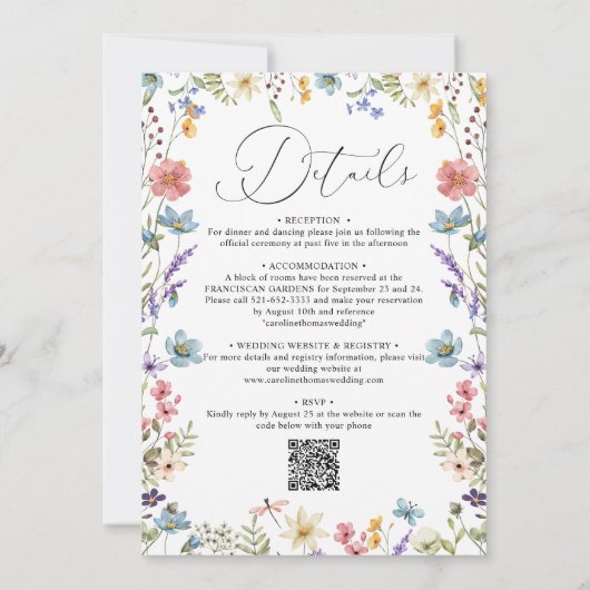 Moderne elegante Wildblume Script QR Code Hochzeit Einladung (Rückseite)