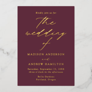 Moderne Elegante Wine and Gold Wedding Folieneinladung
