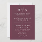 Moderne elegante Wine Monogram Wedding Einladung (Vorderseite)