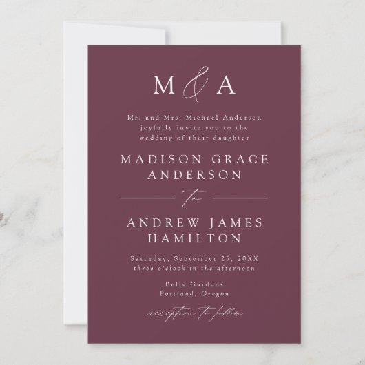 Moderne elegante Wine Monogram Wedding Einladung (Vorderseite)