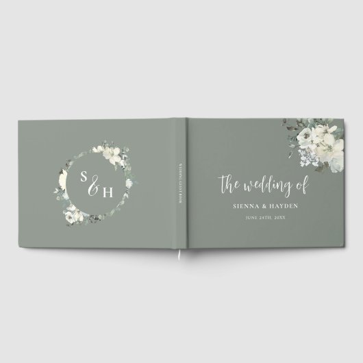 Moderne Elegantsage Grüne Elfenbeinblütenhochzeit Gästebuch (Voll)