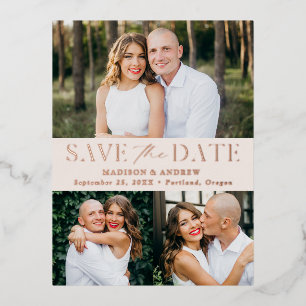 Moderne Eleganz 3 Foto Hochzeit Save the Date Folie Einladungspostkarte