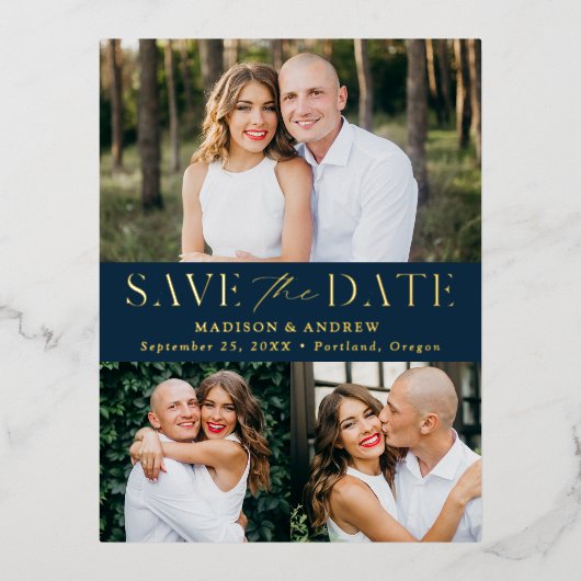 Moderne Eleganz 3 Foto Hochzeit speichern das Datu Folie Einladungspostkarte (Vorderseite)