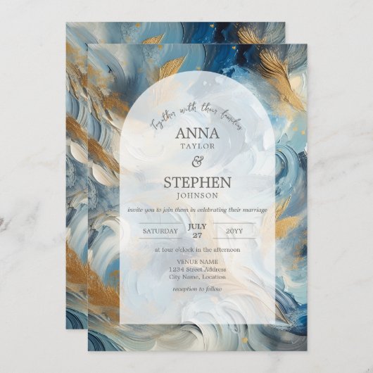 Moderne Eleganz: Blue White Gold Wedding Einladung (Vorne/Hinten)