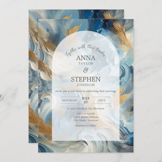 Moderne Eleganz: Blue White Gold Wedding Einladung (Vorne/Hinten)