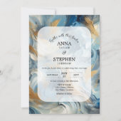 Moderne Eleganz: Blue White Gold Wedding Einladung (Vorderseite)