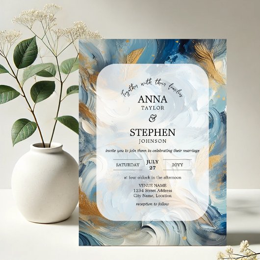 Moderne Eleganz: Blue White Gold Wedding Einladung