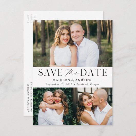Moderne Eleganz Drei Foto Save the Date Ankündigungspostkarte (Vorne/Hinten)